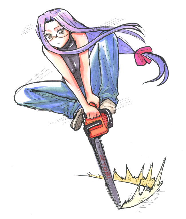 1girl chainsaw chicks_on_chainsaws conker's_bad_fur_day fate/stay_night fate_(series) glasses grey_eyes hair_ribbon kikuta long_hair medusa_(fate)_(all) parody purple_hair ribbon rider riding solo type-moon v_arms very_long_hair what white_background ze_ha_ha