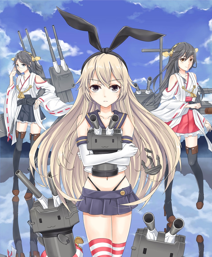 3girls :3 anchor black_eyes black_hair blonde_hair detached_sleeves elbow_gloves glasses gloves hair_ornament hair_ribbon hairband hand_on_hip haruna_(kantai_collection) hug innertube japanese_clothes kantai_collection kirishima_(kantai_collection) looking_at_viewer machinery microskirt midriff multiple_girls navel nontraditional_miko panties pc9527 personification reflection rensouhou-chan ribbon shimakaze_(kantai_collection) skirt smile socks striped striped_legwear thigh-highs turret underwear wide_sleeves yellow_eyes
