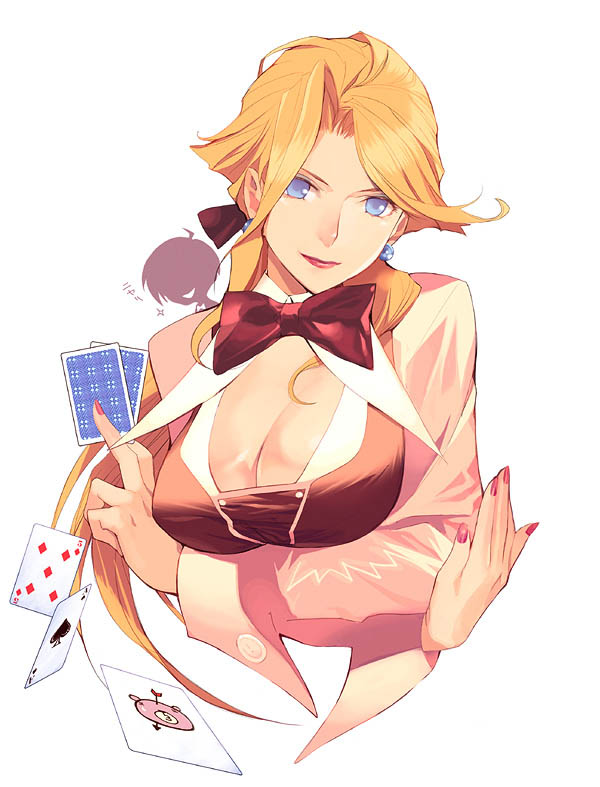 card cards cleavage falling_card holding holding_card large_breasts solo