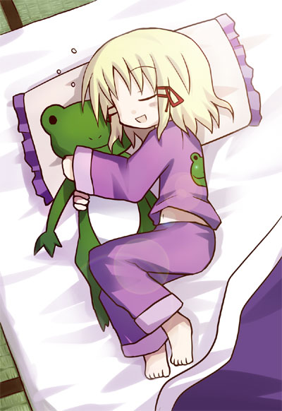bed blonde_hair closed_eyes dollar frog lying moriya_suwako on_side pajamas pillow sleeping touhou