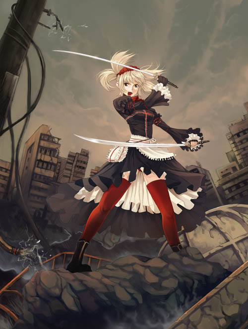 dress dual_wielding electricity fighting_stance legs open_mouth original red_legwear ruins sword thigh-highs thighhighs tomozo_kaoru weapon