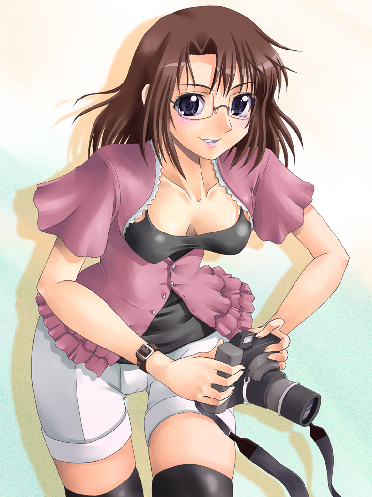 breasts brown_hair camera cleavage glasses long_hair maria-sama_ga_miteru smile takeshima_tsutako thighhighs watch wristwatch yaso_shigeru