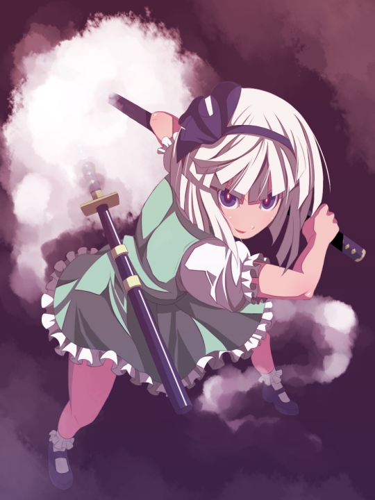 blunt_bangs bob_cut bobby_socks fighting_stance from_above glowing glowing_eyes hairband hitodama katana konpaku_youmu konpaku_youmu_(ghost) perspective purple_eyes short_hair smile socks solo sword touhou tsukumo weapon white_hair