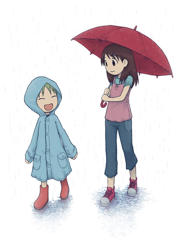 emoncake. koiwai_yotsuba rain raincoat rubber_boots umbrella yotsubato!
