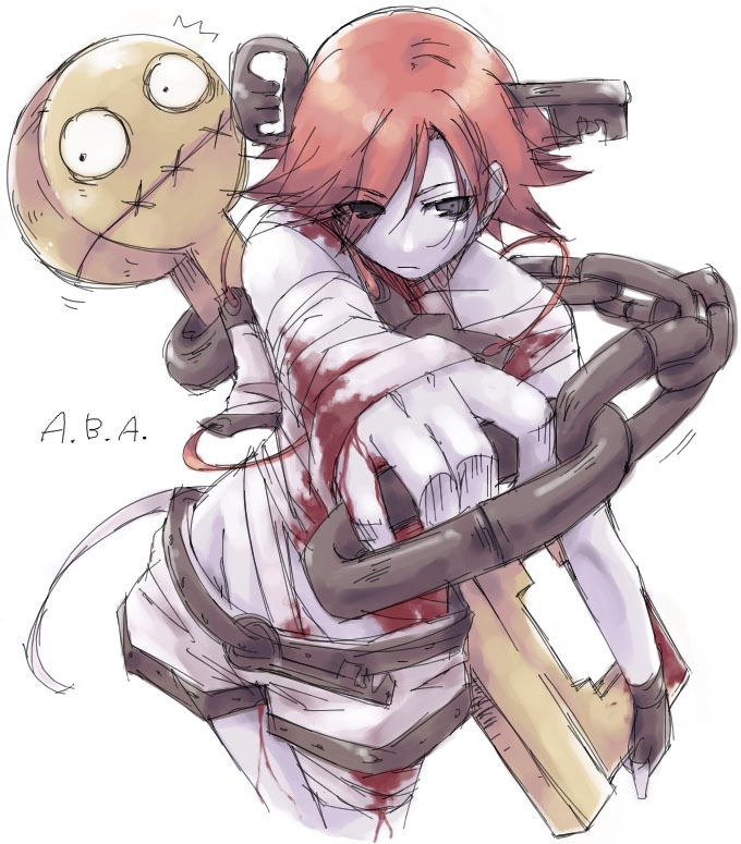 aba bandage bandages black_eyes blood chain chains face fingerless_gloves gloves guilty_gear hair_ornament homunculus key kyo kyo_(kuroichigo) pale_skin paracelsus red_hair redhead short_hair shorts single_glove weapon