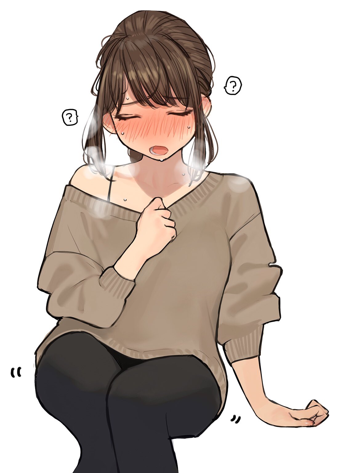 1girl ? black_legwear blush brown_hair closed_eyes heavy_breathing highres off_shoulder office_lady_(yomu_(sgt_epper)) open_mouth original pantyhose simple_background sitting solo spoken_question_mark sweat sweater white_background yomu_(sgt_epper)
