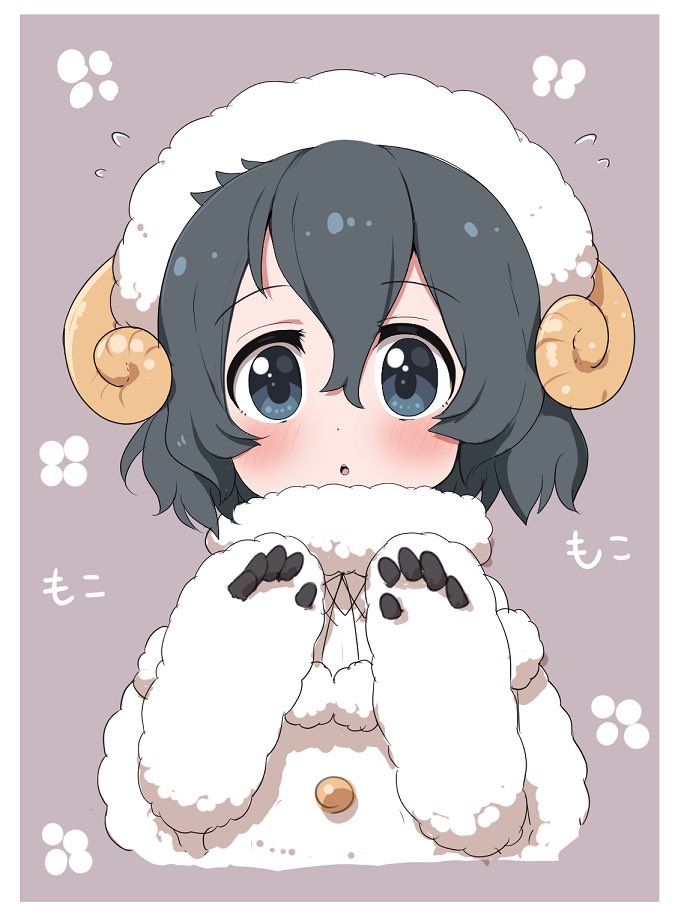 1girl alternate_costume animal_costume black_hair blue_eyes blush commentary_request eyebrows_visible_through_hair fluff flying_sweatdrops fur_collar horned_headwear horns kaban_(kemono_friends) kemono_friends ransusan sheep_costume sheep_horns short_hair solo translation_request wool