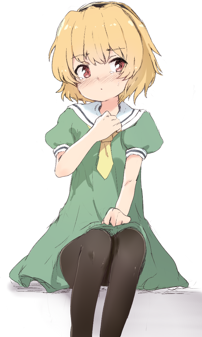 1girl bangs black_hairband black_legwear blonde_hair blush closed_mouth commentary_request dress eyebrows_visible_through_hair feet_out_of_frame flan_(harry_mackenzie) green_dress hairband hand_up higurashi_no_naku_koro_ni houjou_satoko neckerchief nose_blush pantyhose puffy_short_sleeves puffy_sleeves red_eyes sailor_collar sailor_dress shadow short_sleeves sitting solo tearing_up tears white_background white_sailor_collar yellow_neckwear