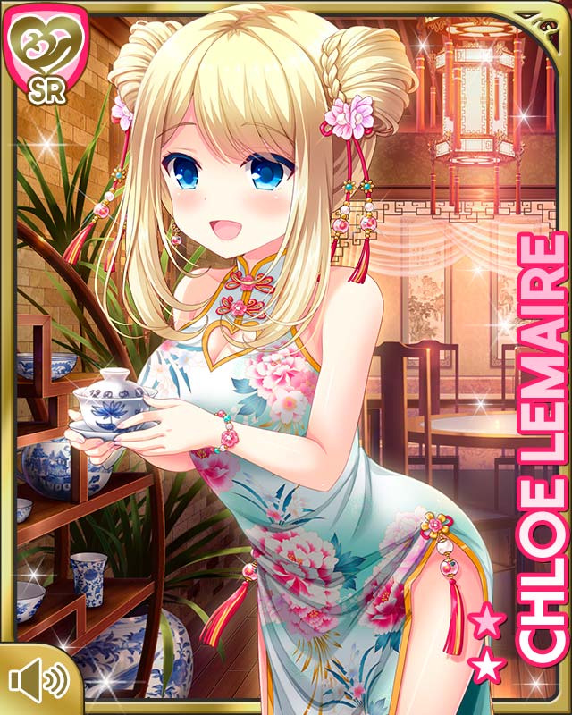 1girl blonde_hair blue_eyes breasts chair character_name china_dress chinese_clothes chloe_lemaire double_bun dress floral_print flower girlfriend_(kari) hair_bun hair_flower hair_ornament hands_on_own_face holding indoors lantern long_hair official_art open_mouth plant potted_plant qp:flapper ribbon sleeveless sleeveless_dress smile solo table thighs white_dress