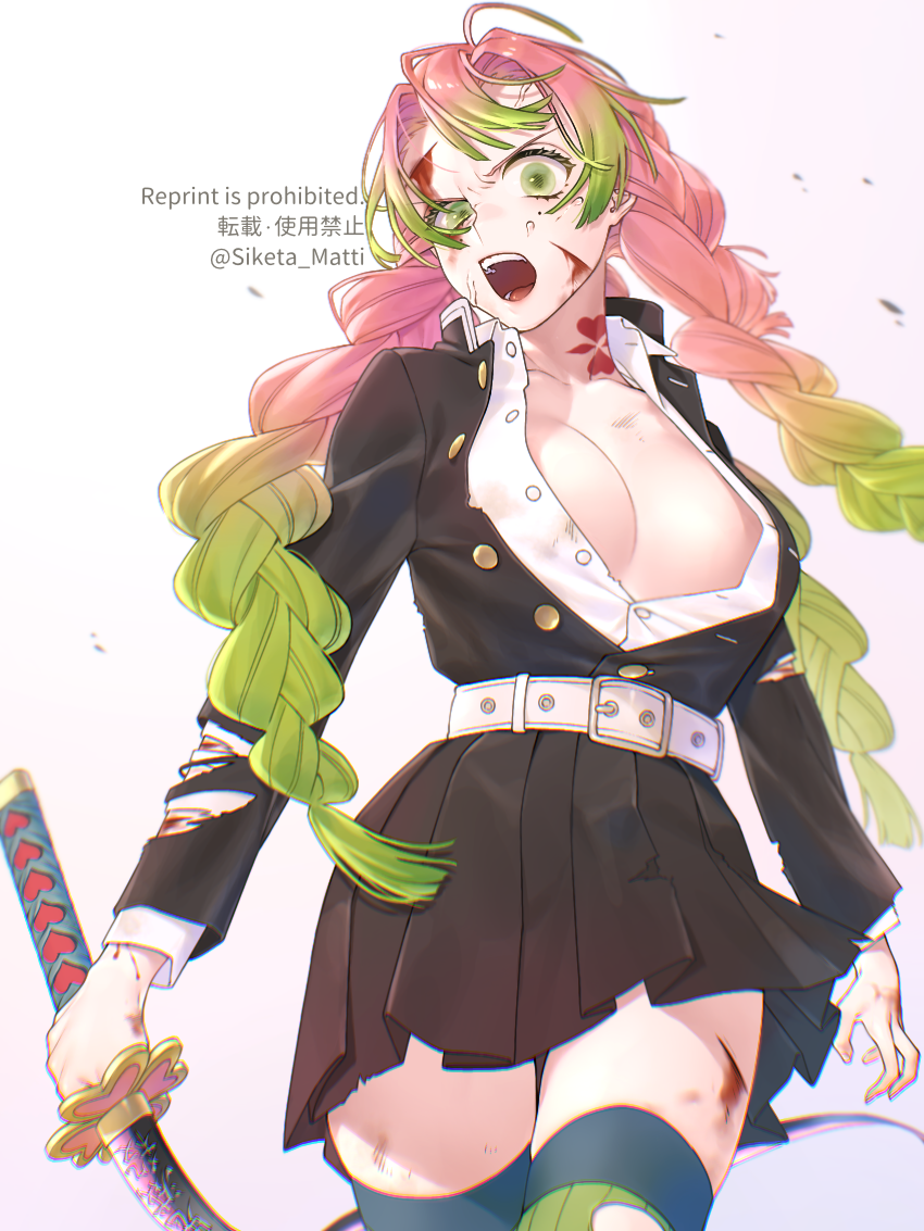 1girl angry bangs belt black_skirt blood blood_on_arm blood_on_face blood_on_leg bloody_hands braid breasts breasts_apart collarbone commentary_request cowboy_shot cuts furrowed_eyebrows gesugao gradient_hair green_eyes green_hair holding holding_weapon injury jacket kanroji_mitsuri katana kimetsu_no_yaiba large_breasts long_hair long_sleeves looking_at_viewer looking_down miniskirt mizuki_mau mole mole_under_eye multicolored_hair multiple_braids open_clothes open_jacket open_mouth open_shirt pink_hair pleated_skirt skirt solo sword thigh-highs torn_clothes twitter_username v-shaped_eyebrows weapon white_belt zettai_ryouiki