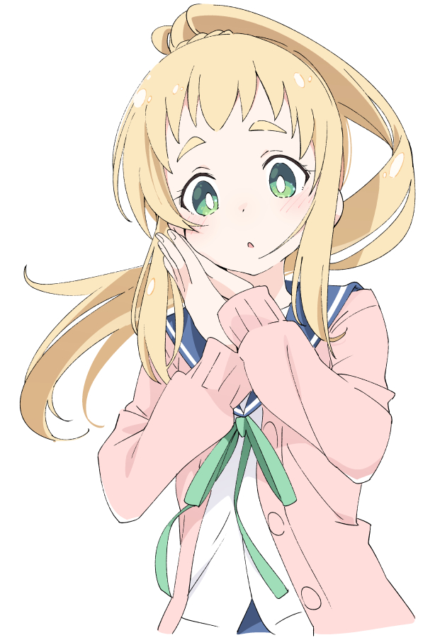 1girl :o blonde_hair blush cardigan eyebrows green_eyes green_neckwear green_ribbon inose_mai ixy koisuru_asteroid long_hair long_sleeves pink_cardigan ponytail ribbon school_uniform simple_background solo thick_eyebrows white_background