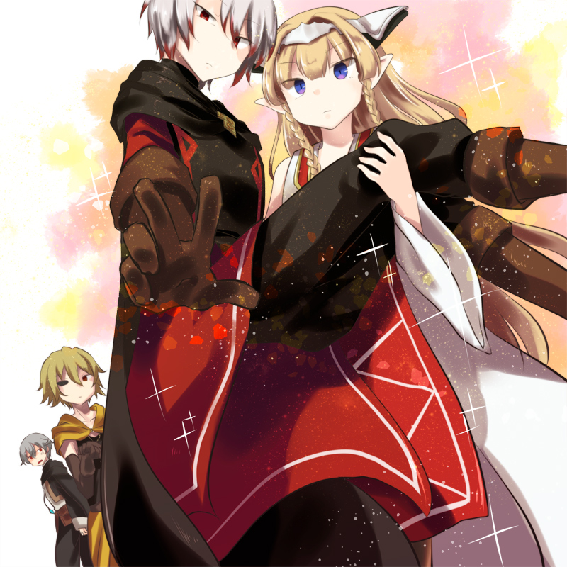 1girl 3boys alex_the_sage_in_yellow blonde_hair blue_eyes boots brown_footwear brown_gloves brown_hair cape carrying ezel_the_king_of_fire_and_iron falia_the_queen_of_the_mountains gloves grey_hair heterochromia looking_at_viewer multicolored_hair multiple_boys ourn_the_inventor pixiv_fantasia pixiv_fantasia_last_saga pointy_ears princess_carry red_cape red_eyes redhead silver_hair simple_background standing tsumiki_(syouyumame) wide_sleeves yellow_cloak