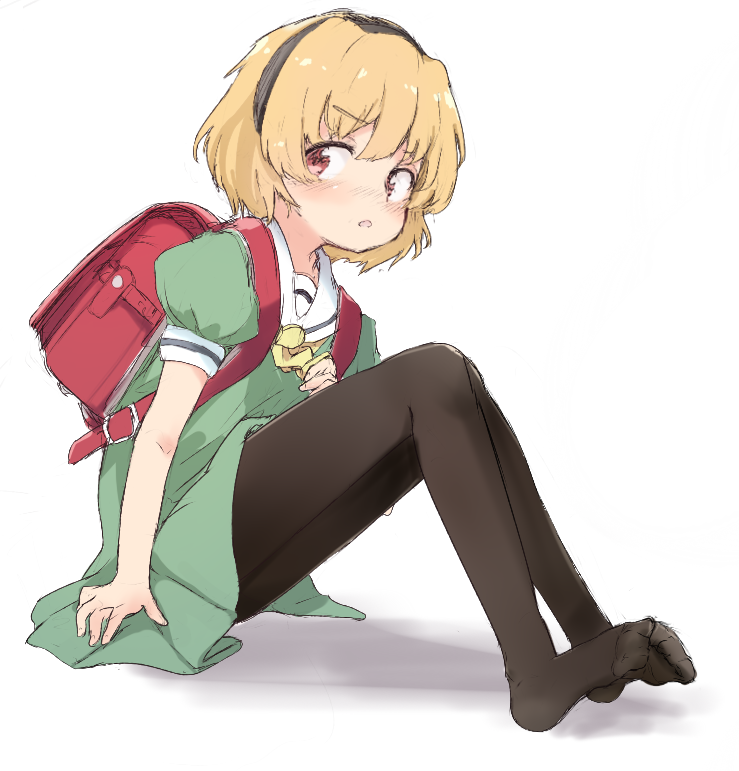 1girl backpack bag bangs black_hairband black_legwear blonde_hair blush commentary_request dress eyebrows_visible_through_hair flan_(harry_mackenzie) green_dress hairband higurashi_no_naku_koro_ni houjou_satoko no_shoes pantyhose puffy_short_sleeves puffy_sleeves randoseru red_eyes sailor_collar sailor_dress shadow short_hair short_sleeves sitting solo white_background white_sailor_collar yellow_neckwear