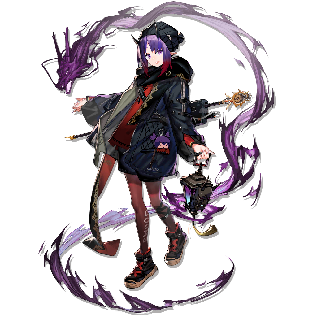 1girl :d ankle_boots arknights bangs beanie black_headwear black_jacket black_scarf black_shorts blush boots flat_chest full_body gradient_hair gradient_jacket hat hibiscus_(arknights) holding holding_lantern horns jacket lantern leg_strap long_sleeves looking_at_viewer multicolored_hair open_clothes open_jacket open_mouth pantyhose pointy_ears purple_hair purple_jacket red_legwear red_shirt redhead scarf shirt shorts sidelocks smile solo staff tachi-e transparent_background unzipped violet_eyes weapon weapon_on_back zipper