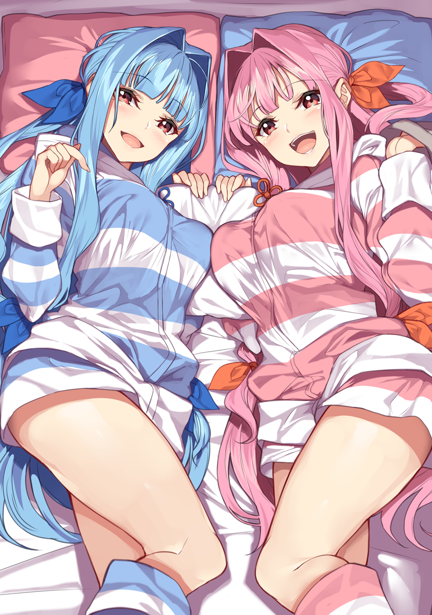 2girls :d blue_hair blue_hoodie blue_ribbon blush breasts commentary_request eyebrows_visible_through_hair hair_intakes hair_ribbon head_on_pillow highres kneehighs kotonoha_akane kotonoha_aoi large_breasts long_hair long_sleeves looking_at_viewer lying multiple_girls on_bed on_side open_mouth orange_ribbon pink_hair pink_hoodie red_eyes ribbon sleeve_cuffs smile striped striped_hoodie striped_legwear very_long_hair voiceroid yappen