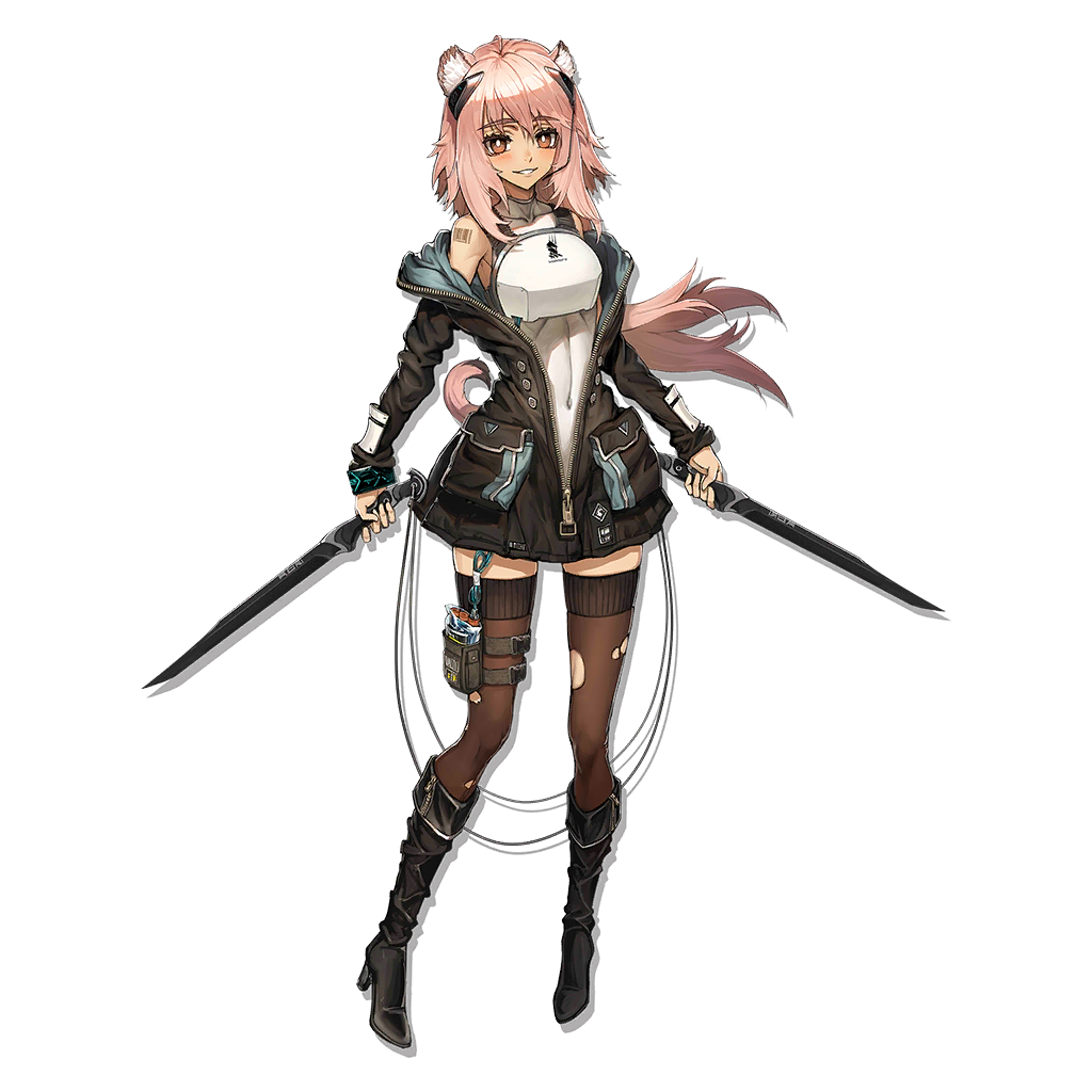 1girl animal_ear_fluff arknights bangs barcode_tattoo bare_shoulders black_footwear black_jacket blush bodysuit boots breastplate breasts brown_eyes brown_legwear chipmunk_girl chipmunk_tail dual_wielding full_body gravel_(arknights) guardless_sword headgear headset high_heel_boots high_heels holding holding_sword holding_weapon jacket knee_boots long_sleeves looking_at_viewer medium_breasts official_art open_clothes open_jacket partial_bodysuit pink_hair ryuuzaki_ichi sidelocks skin_tight sleeveless smile sword tachi-e tattoo thick_eyebrows thigh-highs thigh_strap torn_clothes torn_legwear transparent_background unzipped weapon white_bodysuit wristband zettai_ryouiki