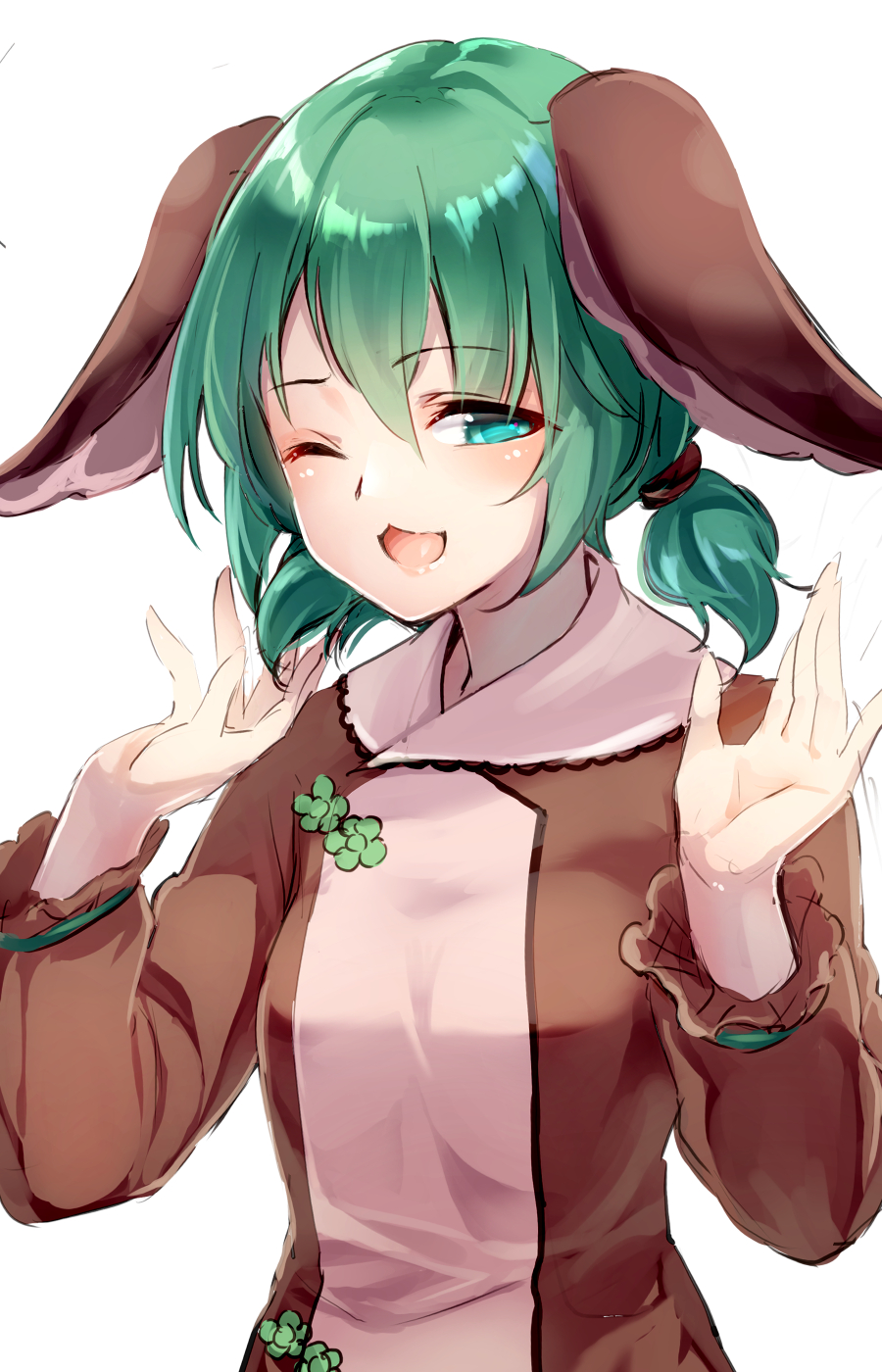1girl ;3 ;d alternate_hairstyle animal_ears aqua_eyes bangs blush breasts brown_dress commentary_request dress eyebrows_visible_through_hair green_hair hair_between_eyes hands_up highres kasodani_kyouko long_sleeves looking_at_viewer low_ponytail one_eye_closed open_mouth short_hair simple_background small_breasts smile solo touhou upper_body usotsuki_penta white_background