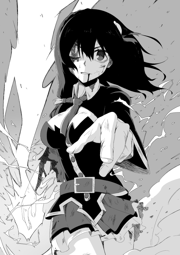 1girl belt between_breasts blood blood_from_mouth blood_on_face breasts cleavage_cutout greyscale hair_ornament kono_subarashii_sekai_ni_shukufuku_wo! long_hair magic monochrome necktie necktie_between_breasts one_eye_closed salpin skirt torn_clothes yunyun_(konosuba)