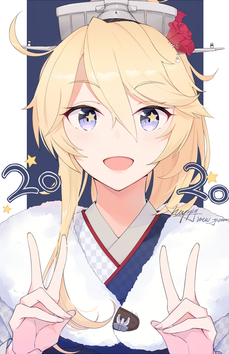 1girl 2020 :d blonde_hair blue_eyes double_v eyebrows_visible_through_hair flower furisode hair_between_eyes hair_flower hair_ornament highres ieufg iowa_(kantai_collection) japanese_clothes kantai_collection kimono looking_at_viewer new_year open_mouth smile solo star star-shaped_pupils symbol-shaped_pupils upper_body v
