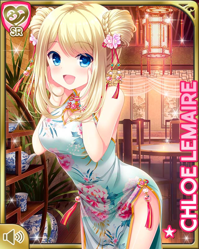 1girl blonde_hair blue_eyes breasts chair character_name china_dress chinese_clothes chloe_lemaire double_bun dress floral_print flower girlfriend_(kari) hair_bun hair_flower hair_ornament hands_on_own_cheeks hands_on_own_face indoors lantern long_hair official_art open_mouth plant potted_plant qp:flapper ribbon sleeveless sleeveless_dress smile solo table thighs white_dress