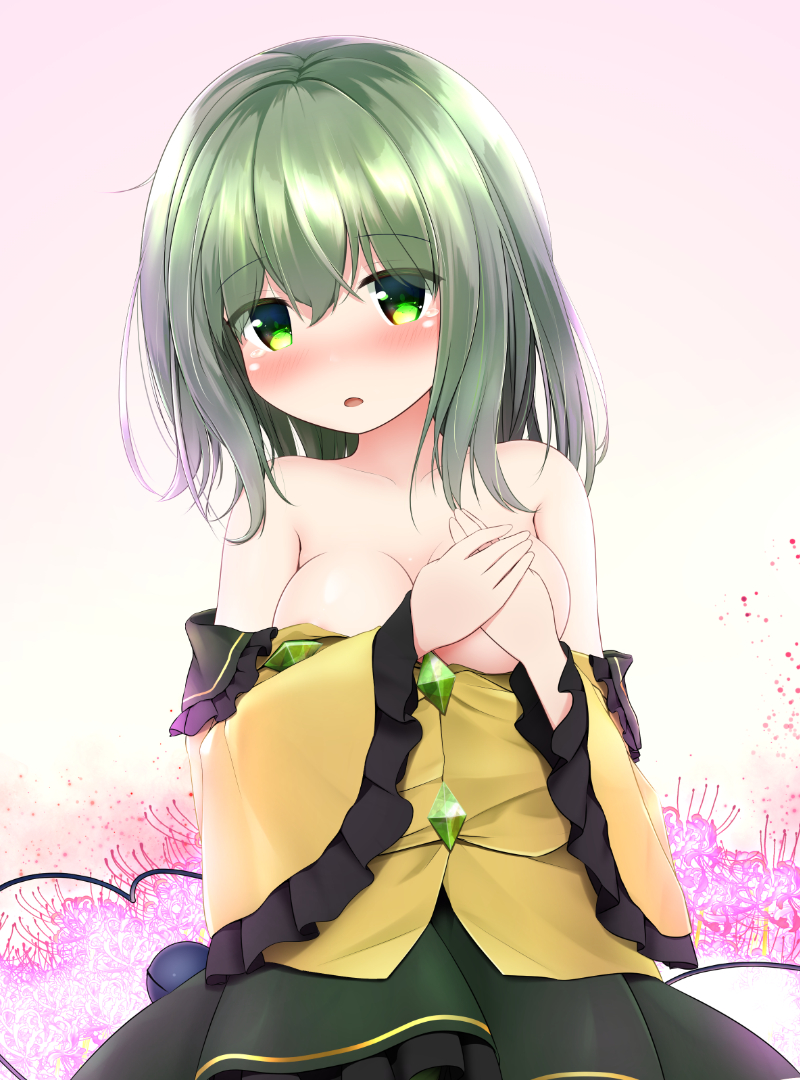 1girl aqua_hair arms_up bare_shoulders blush breasts collarbone commentary_request covering covering_one_breast eyebrows_visible_through_hair flower frilled_sleeves frills green_eyes green_skirt hair_between_eyes hands_together head_tilt komeiji_koishi long_sleeves medium_breasts medium_hair no_headwear off-shoulder_shirt off_shoulder one_breast_out open_mouth parted_lips shiny shiny_hair shirt skirt solo spider_lily tearing_up third_eye touhou upper_body yuuforia