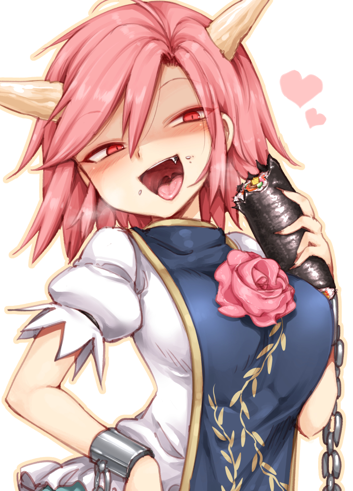 1girl chain commentary_request cuffs ehoumaki fang flower food food_on_face harusame_(unmei_no_ikasumi) heart holding holding_food horns ibaraki_kasen long_hair makizushi open_mouth outline pink_flower pink_hair pink_rose puffy_short_sleeves puffy_sleeves red_eyes rice rose shirt short_sleeves simple_background solo sushi tabard tongue touhou upper_body uvula white_background white_shirt