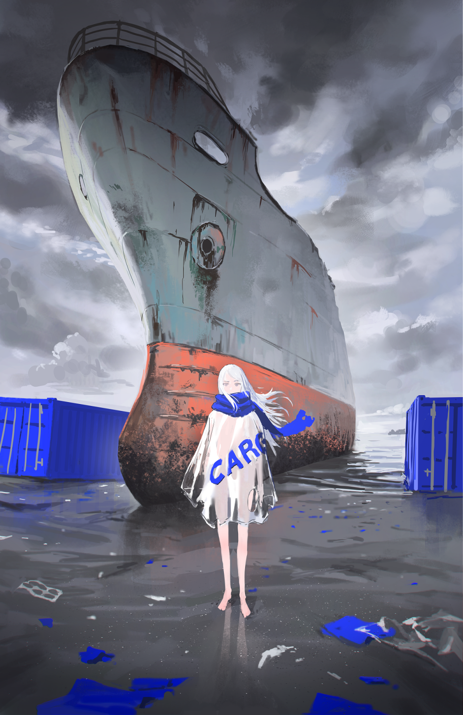 1girl bare_legs barefoot blue_scarf clouds grey_eyes grey_sky highres long_hair looking_at_viewer original reflection scarf see-through ship solo standing vertigris watercraft white_hair wide_shot