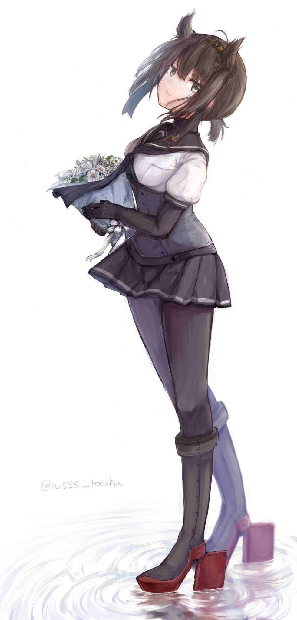 1girl black_hair blush bodysuit bouquet breasts brown_hair flower full_body gloves hachimaki hair_between_eyes hair_flaps hairband hatsuzuki_(kantai_collection) headband highres kantai_collection looking_at_viewer neckerchief pantyhose pleated_skirt school_uniform serafuku short_hair simple_background skirt smile solo white_background wss_(nicoseiga19993411)