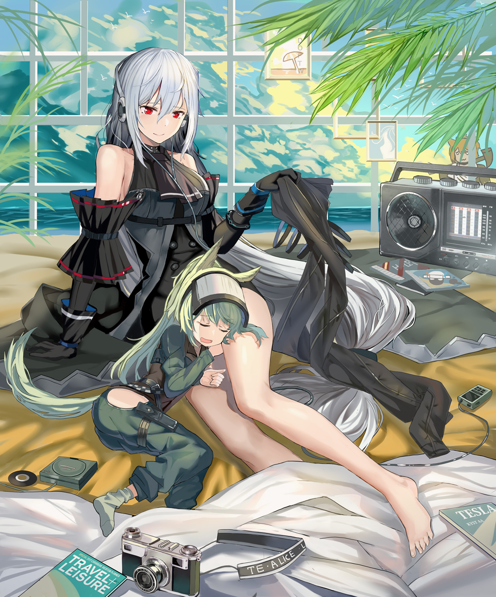 2girls animal_ears arknights arm_support barefoot bed_sheet belt black_belt black_gloves black_pants black_shirt black_sleeves camera cd_case cd_player cellphone chaps charger closed_eyes detached_sleeves gloves grani_(arknights) green_hair grey_legwear hair_between_eyes headgear headphones height_difference highres hip_vent holding_clothes horse_girl horse_tail lap_pillow long_hair long_sleeves looking_at_another low-tied_long_hair lying magazine multiple_girls on_side open_mouth pants pants_removed phone qihai_lunpo reclining red_eyes shirt silver_hair skadi_(arknights) sleeping sleeveless sleeveless_shirt smile socks stereo tail very_long_hair window