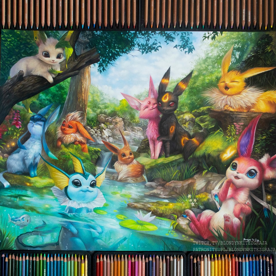 :3 ^_^ blondynkitezgraja blue_eyes blue_sky brown_eyes closed_eyes clouds cloudy_sky colored_pencil colored_pencil_(medium) commentary creature day eevee english_commentary espeon fish flareon gen_1_pokemon gen_2_pokemon gen_4_pokemon gen_6_pokemon gen_7_pokemon glaceon grass jolteon leafeon nature no_humans partially_submerged pencil photo pokemon pokemon_(creature) realistic rock sky sylveon traditional_media tree umbreon underwater vaporeon water wishiwashi yawning