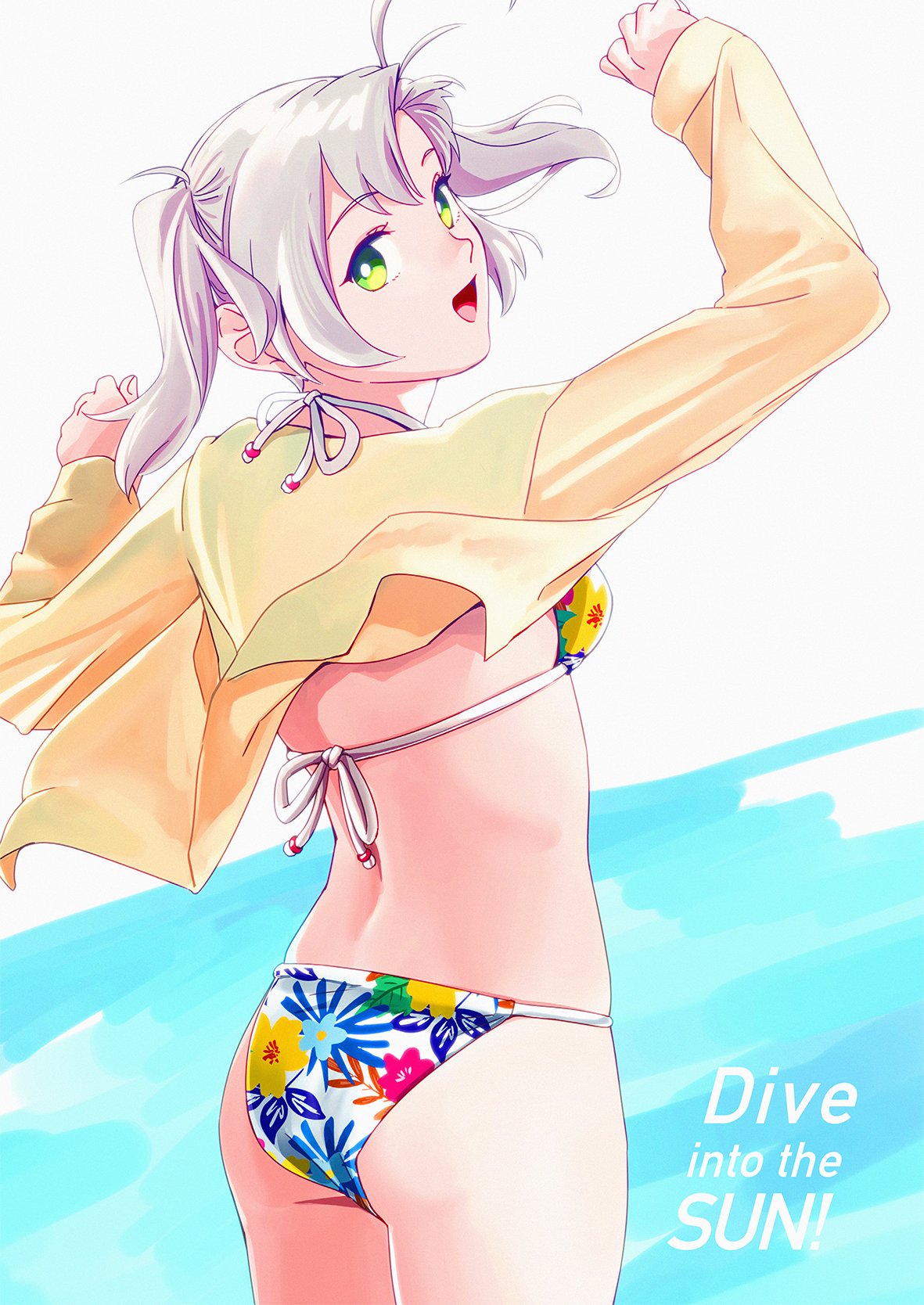 1girl antenna_hair ass bikini cowboy_shot dress_shirt english_text floral_print from_behind green_eyes grey_hair hair_tie highres kantai_collection kinugasa_(kantai_collection) looking_at_viewer looking_back ojipon shirt short_twintails smile solo standing swimsuit twintails two-tone_background yellow_shirt