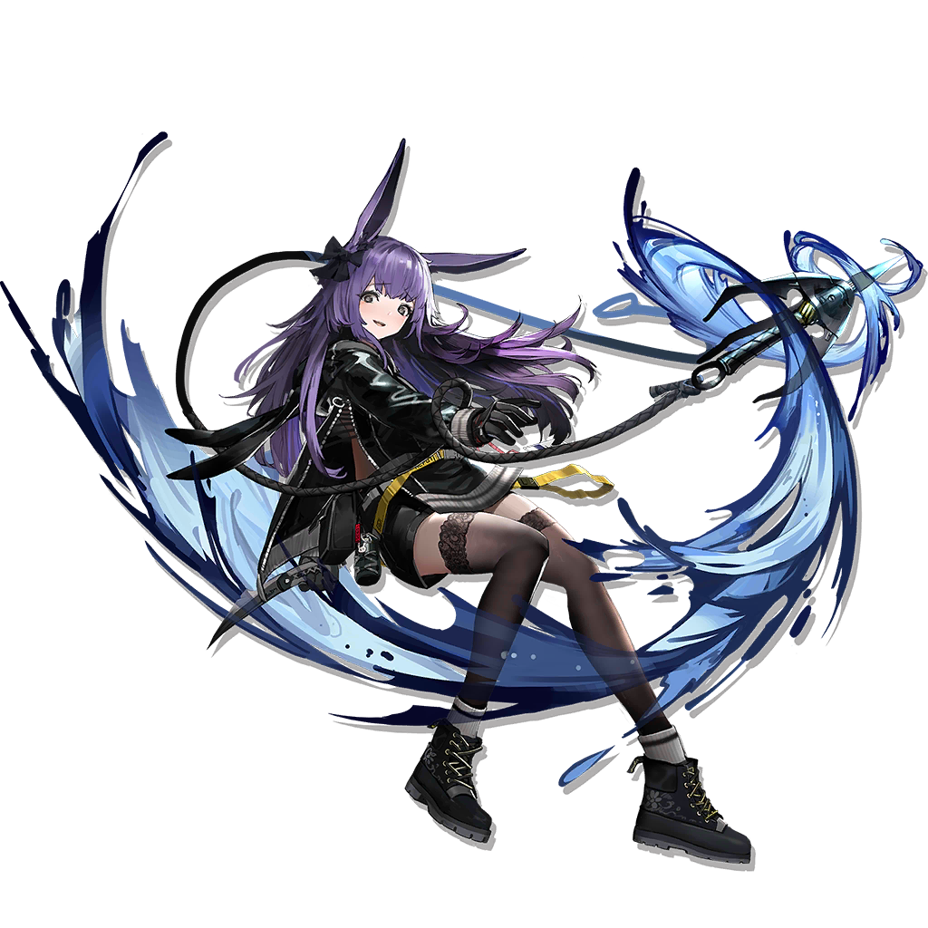 1girl :d animal_ears arknights bangs black_bow black_footwear black_gloves black_jacket black_legwear black_shorts blush bow breasts choker combat_knife earrings elite_ii_(arknights) eyebrows_visible_through_hair floating_hair gloves gradient_hair grappling_hook grey_eyes hair_bow heibaise_jiangshi holding holding_knife jacket jewelry knife long_hair long_sleeves looking_at_viewer medium_breasts multicolored_hair name_tag official_art open_mouth pouch purple_hair rabbit_ears rope_(arknights) shoes shorts smile snap-fit_buckle sneakers solo tachi-e tail thigh-highs thighs throwing transparent_background unzipped violet_eyes water weapon