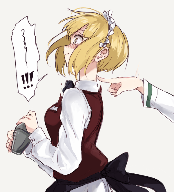 ! 1girl bangs bartender blonde_hair blush bow bowtie brown_eyes cocktail_shaker cutlass_(girls_und_panzer) eyebrows_visible_through_hair from_side girls_und_panzer grey_background holding long_sleeves maid_headdress ooarai_school_uniform poking profile school_uniform shirt short_hair simple_background solo_focus spoken_exclamation_mark startled upper_body vest white_shirt yuuyu_(777)