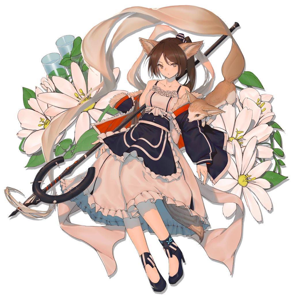 1girl animal_ears animal_request arknights bangs bare_shoulders blue_bow blue_footwear blue_jacket bow breasts brown_eyes brown_hair collarbone dress elite_ii_(arknights) expressionless flower flower_request full_body fur-trimmed_jacket fur_trim hair_bow high_heels holding holding_staff jacket lanzi_(415460661) long_sleeves looking_at_viewer medium_breasts off_shoulder official_art open_clothes open_jacket parted_bangs perfumer_(arknights) ponytail sidelocks solo staff striped striped_bow tachi-e transparent_background white_flower