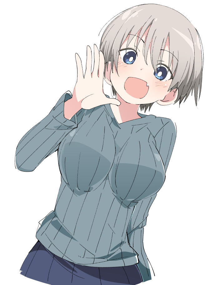 1girl :d blue_eyes blush breasts brown_hair eyebrows_visible_through_hair fang grey_sweater ixy large_breasts long_sleeves looking_at_viewer open_mouth ribbed_sweater short_hair simple_background smile solo sweater uzaki-chan_wa_asobitai! uzaki_hana white_background