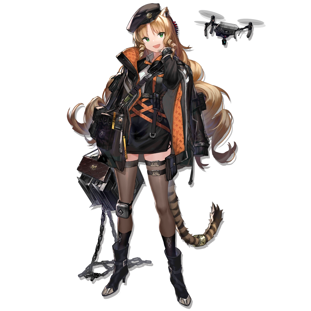 1girl :d animal_ear_fluff animal_ears arknights bangs beret black_coat black_footwear black_headwear black_jacket black_skirt blonde_hair boots bow bowtie breasts brown_legwear chain collared_shirt curly_hair drill_hair drone fang flail full_body geya_(yoomario) green_eyes hand_up hat high-waist_skirt high_heel_boots high_heels holding holding_weapon jacket jacket_on_shoulders large_breasts long_hair long_sleeves looking_at_viewer official_art open_mouth orange_neckwear pouch shirt sidelocks single_knee_pad skirt smile solo striped_tail swire_(arknights) tachi-e tail tail_ring thigh-highs thigh_pouch thigh_strap tiger_ears tiger_girl tiger_tail transparent_background very_long_hair weapon white_shirt