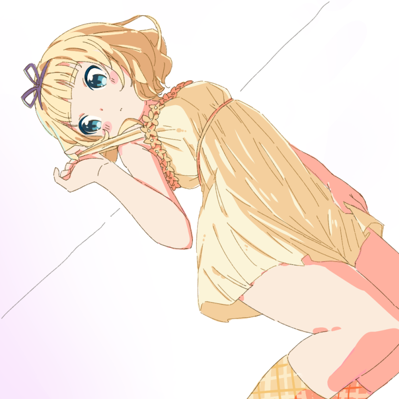 1girl adjusting_clothes aqua_eyes bangs bare_arms black_hairband blonde_hair blunt_bangs blush_stickers chemise closed_mouth dot_nose dutch_angle expressionless eyebrows_visible_through_hair from_below from_side gochuumon_wa_usagi_desu_ka? hairband hand_up hiroki_(yyqw7151) kirima_sharo kneeling legs_together looking_away plaid plaid_legwear short_hair simple_background sleepwear sleeveless solo strap_pull thighs tsurime wavy_hair white_background yellow_legwear