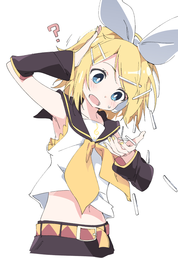 1girl :0 ? armpits bare_shoulders belt black_sailor_collar blonde_hair blue_eyes blush confused crop_top detached_sleeves hair_ornament hairband hairclip headphones headset ixy kagamine_rin leaning_to_the_side midriff navel open_mouth sailor_collar shirt short_hair simple_background sleeveless sleeveless_shirt solo sweatdrop treble_clef upper_body vocaloid white_background white_hairband yellow_belt yellow_nails