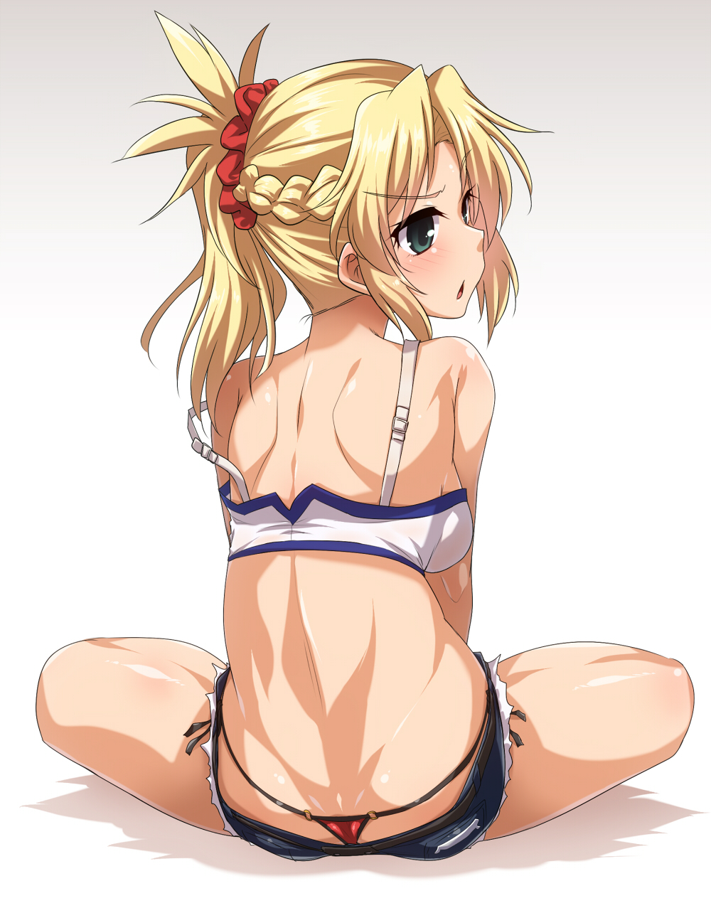 1girl ass bandeau bare_legs blonde_hair blush braid breasts commentary_request cutoffs denim denim_shorts fate/apocrypha fate/grand_order fate_(series) french_braid from_behind gradient gradient_background green_eyes hair_ornament hair_scrunchie highres indian_style long_hair looking_at_viewer looking_back medium_breasts micro_panties micro_shorts mordred_(fate)_(all) o-ring o-ring_bottom o-ring_panties open_mouth panties red_panties red_scrunchie scrunchie shadow shorts simple_background sitting solo strap_slip underwear yoshi_tama