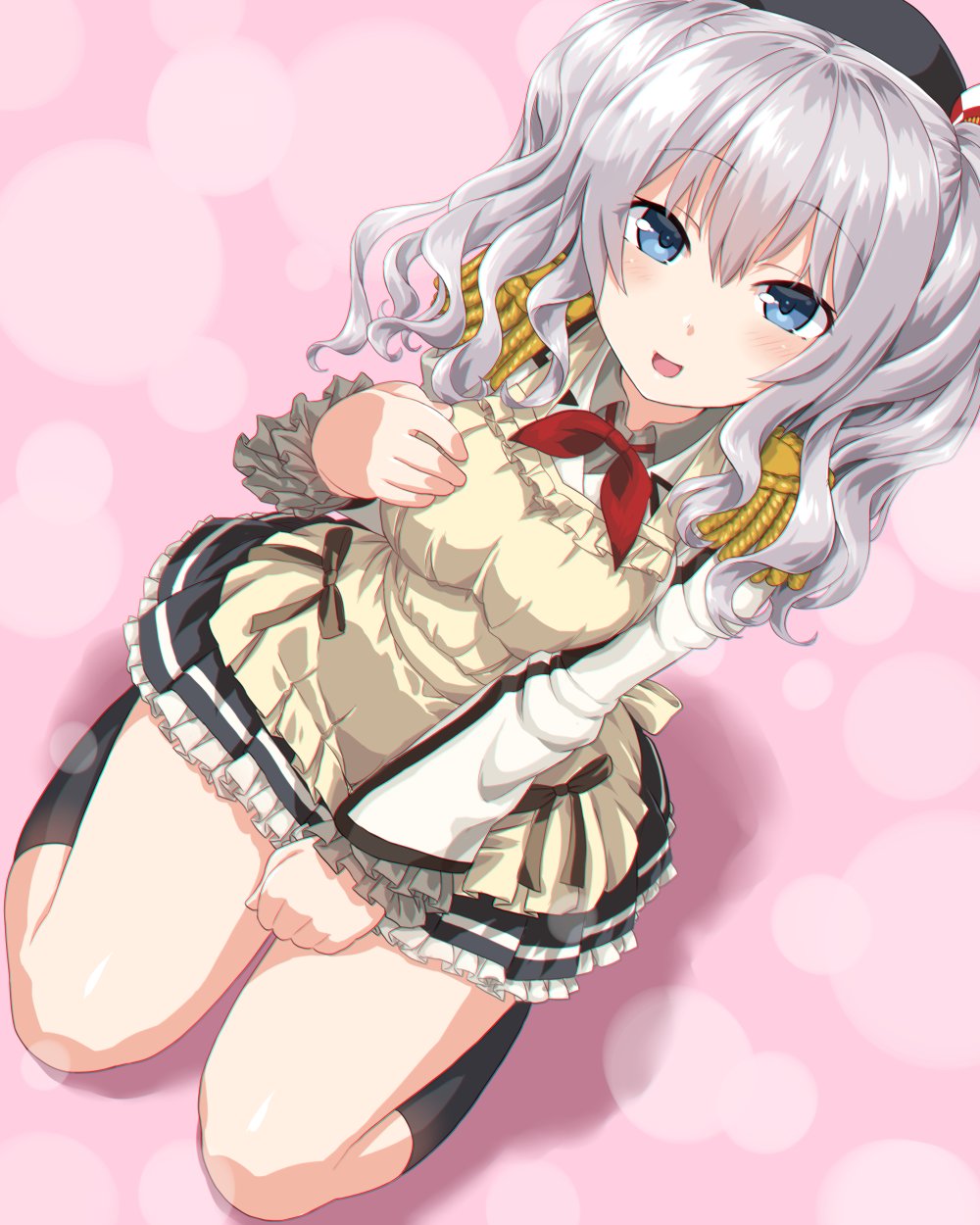 1girl apron bangs beret black_headwear black_legwear black_skirt blue_eyes blush breasts commentary dd_(ijigendd) epaulettes eyebrows_visible_through_hair frilled_skirt frills hair_between_eyes hand_on_own_chest hat highres kantai_collection kashima_(kantai_collection) kneehighs long_hair long_sleeves pink_background red_neckwear ribbon silver_hair simple_background sitting skirt solo twintails wavy_hair yellow_apron