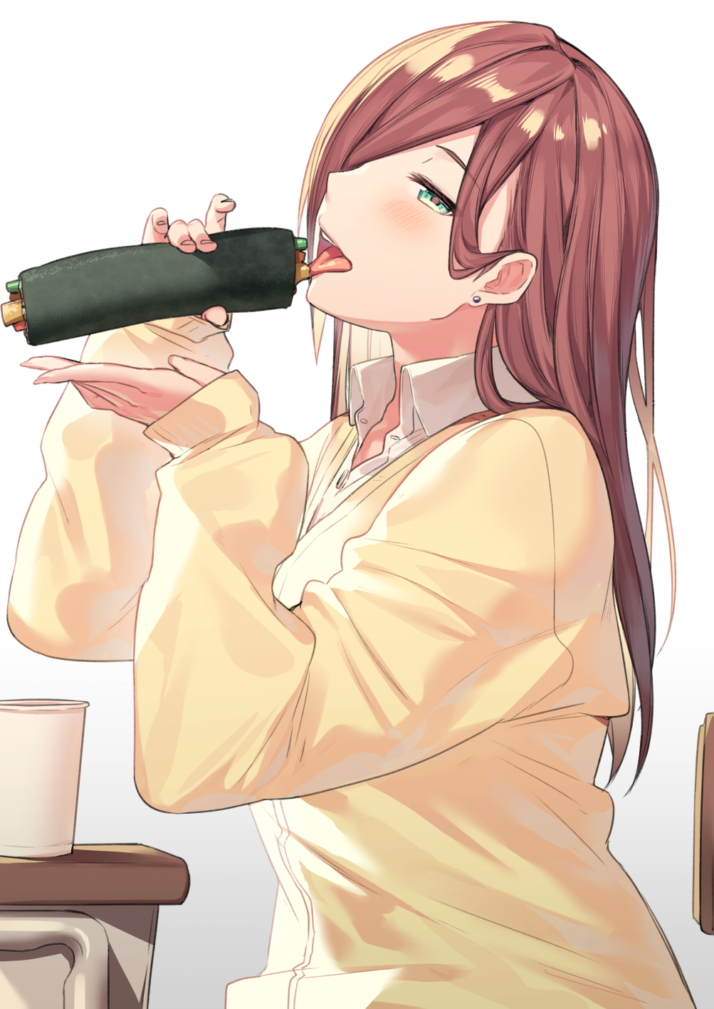 aqua_eyes blush brown_hair commentary_request cup desk disposable_cup earrings eating ehoumaki food from_side highres holding holding_food itohana jewelry long_hair long_sleeves makizushi open_mouth original profile reward_available school_desk sexually_suggestive sitting sleeves_past_wrists stud_earrings sushi tongue tongue_out upper_body yellow_cardigan