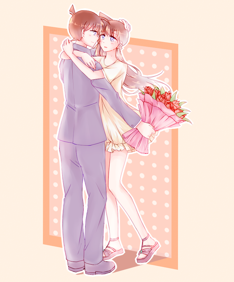 1boy 1girl bangs blue_eyes blue_jacket blue_pants bouquet brown_hair closed_mouth couple dress eye_contact eyebrows_visible_through_hair floating_hair flower full_body gasaisanae grey_background hair_between_eyes hand_on_another's_head holding holding_bouquet hug jacket kudou_shin'ichi long_hair long_sleeves looking_at_another meitantei_conan mouri_ran pants red_flower shiny shiny_hair short_dress short_sleeves very_long_hair white_dress