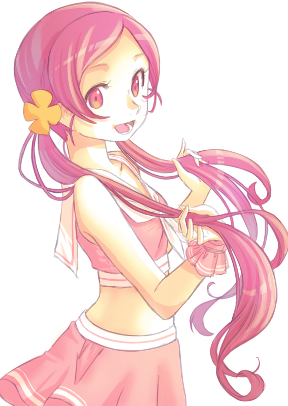 1girl :d bangs collarbone crop_top floating_hair from_side hair_ornament hair_over_shoulder hanasaki_tsubomi heartcatch_precure! holding holding_hair jj_(ssspulse) long_hair looking_at_viewer midriff miniskirt open_mouth parted_bangs pink_hair pink_skirt pleated_skirt precure red_eyes sailor_collar shiny shiny_hair simple_background skirt smile solo standing twintails very_long_hair white_background white_neckwear white_sailor_collar wrist_cuffs