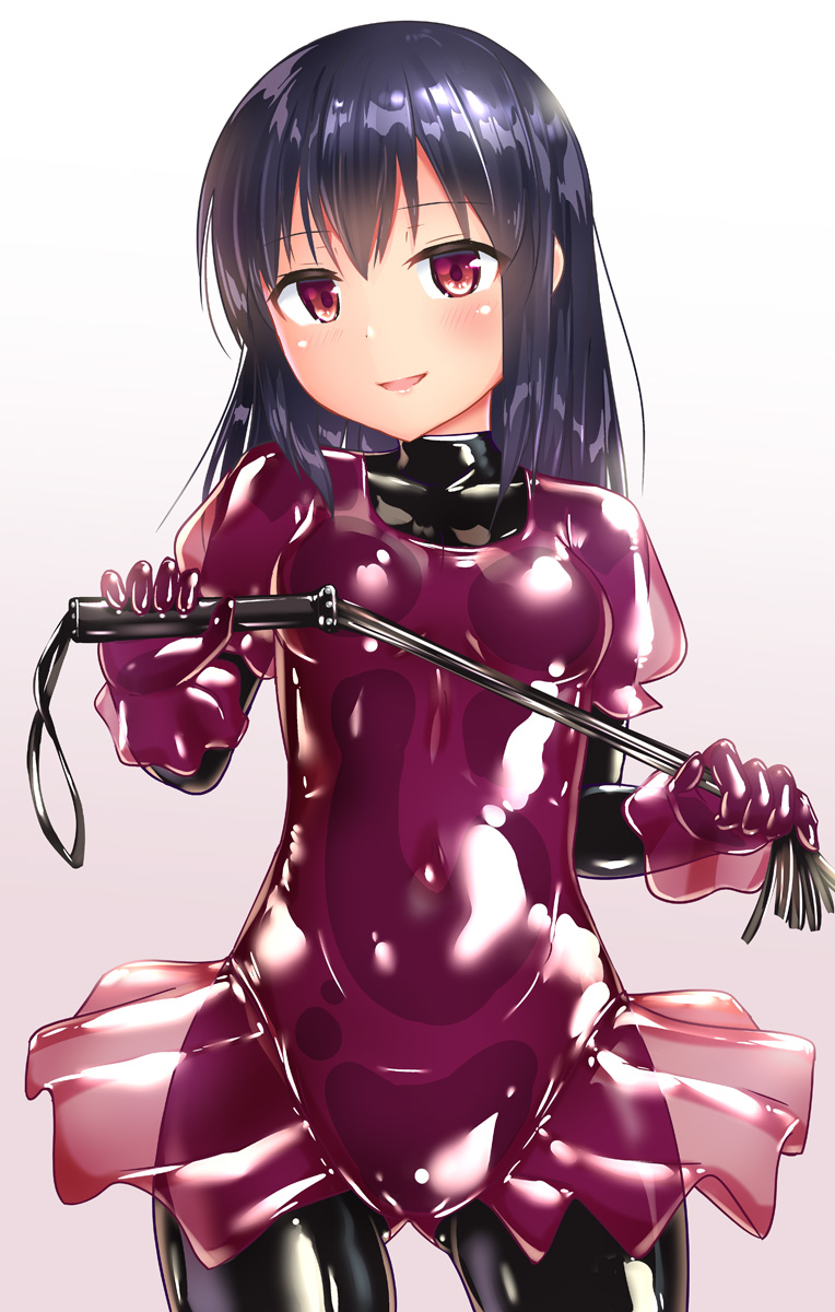 1girl black_hair breasts commentary_request gloves gradient gradient_background highres latex latex_bodysuit latex_dress latex_gloves long_hair looking_at_viewer naka original puffy_sleeves red_eyes see-through shiny shiny_clothes small_breasts smile solo whip white_background