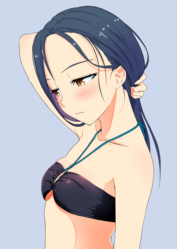 1girl bare_shoulders bikini black_bikini blue_hair blush breasts brown_eyes closed_mouth from_side grey_background halterneck hand_up hi_iro long_hair looking_down original simple_background small_breasts solo strapless swimsuit tubetop wet