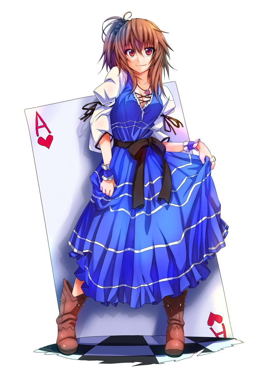 1girl ace_of_hearts black_ribbon blue_dress boots brown_footwear brown_hair card dress heart highres messy_hair okiguro original playing_card red_eyes ribbon side_ponytail simple_background smile solo white_background wrist_cuffs