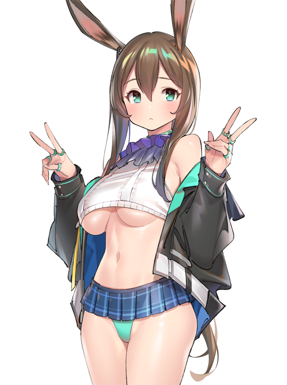 1girl adapted_costume amiya_(arknights) animal_ears aqua_eyes aqua_panties arknights ascot bare_shoulders black_jacket blue_skirt breasts brown_hair closed_mouth cowboy_shot crop_top double_v jacket jewelry large_breasts long_hair looking_at_viewer microskirt midriff navel off_shoulder panties pleated_skirt pop_kyun rabbit_ears ring shirt simple_background skirt sleeveless sleeveless_shirt solo under_boob underwear v very_long_hair white_background white_shirt