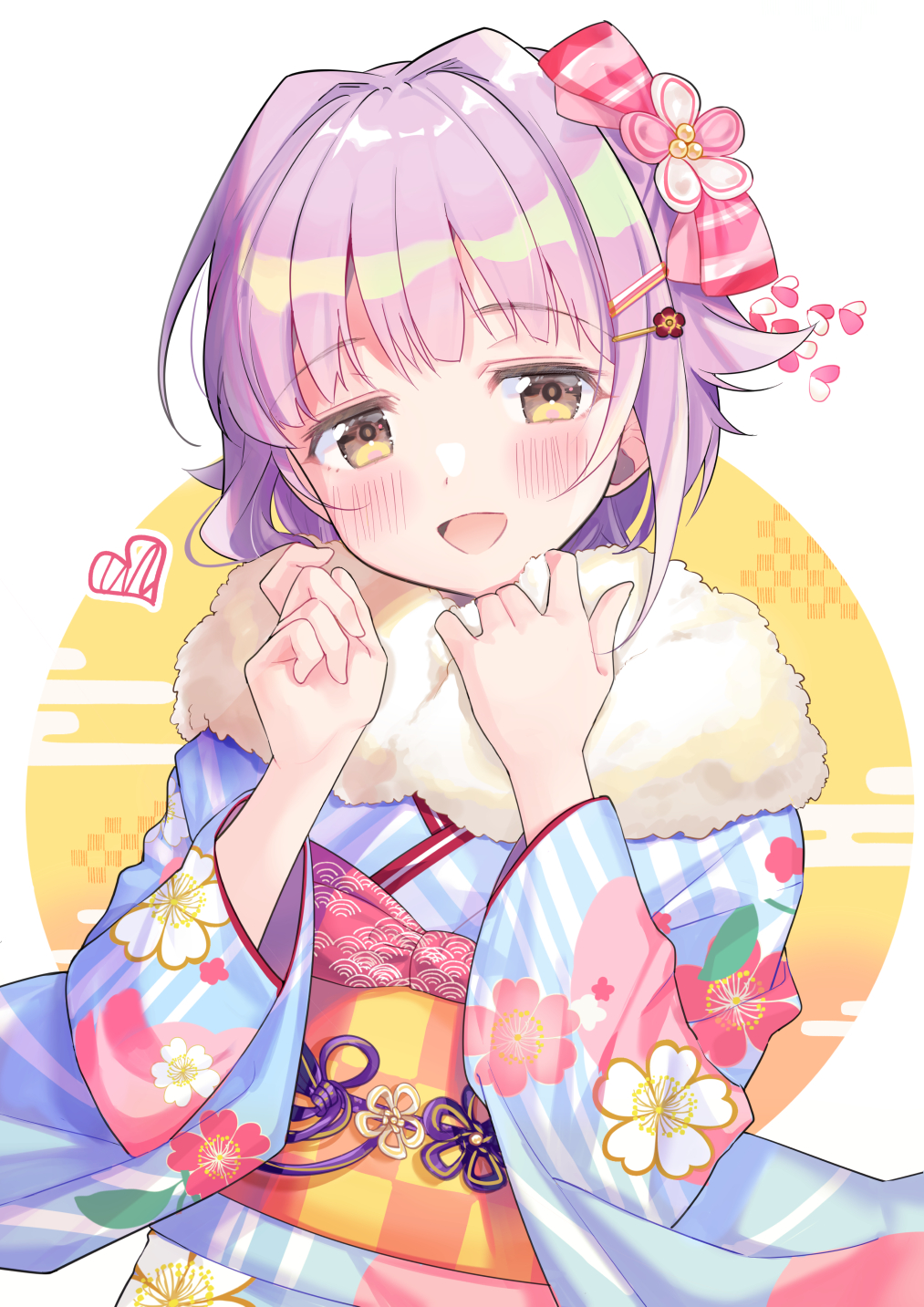 1girl :d bangs blue_kimono blush brown_eyes checkered commentary_request egasumi eyebrows_visible_through_hair floral_print fur_collar hair_ornament hands_up heart highres idolmaster idolmaster_cinderella_girls japanese_clothes kanda_done kimono koshimizu_sachiko long_sleeves obi open_mouth print_kimono purple_hair sash smile solo upper_body white_background wide_sleeves