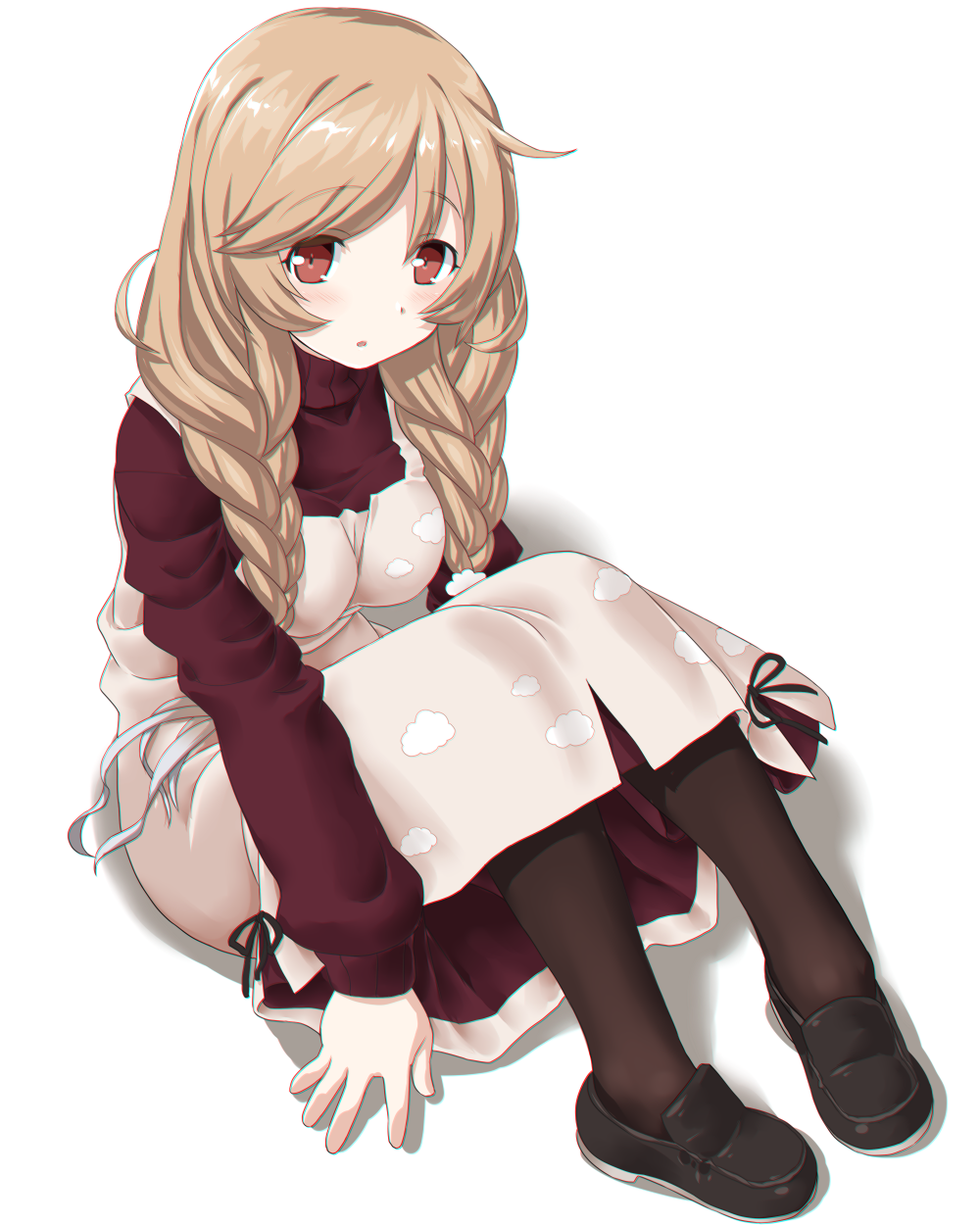 1girl alternate_legwear apron black_footwear black_ribbon blush braid breasts brown_eyes brown_legwear cloud_hair_ornament cloud_print dd_(ijigendd) dress eyebrows_visible_through_hair hair_between_eyes highres kantai_collection light_brown_hair long_hair long_sleeves looking_at_viewer looking_up low_twin_braids medium_breasts minegumo_(kantai_collection) open_mouth pantyhose pink_apron red_dress ribbon shadow simple_background sitting solo turtleneck_dress twin_braids white_background