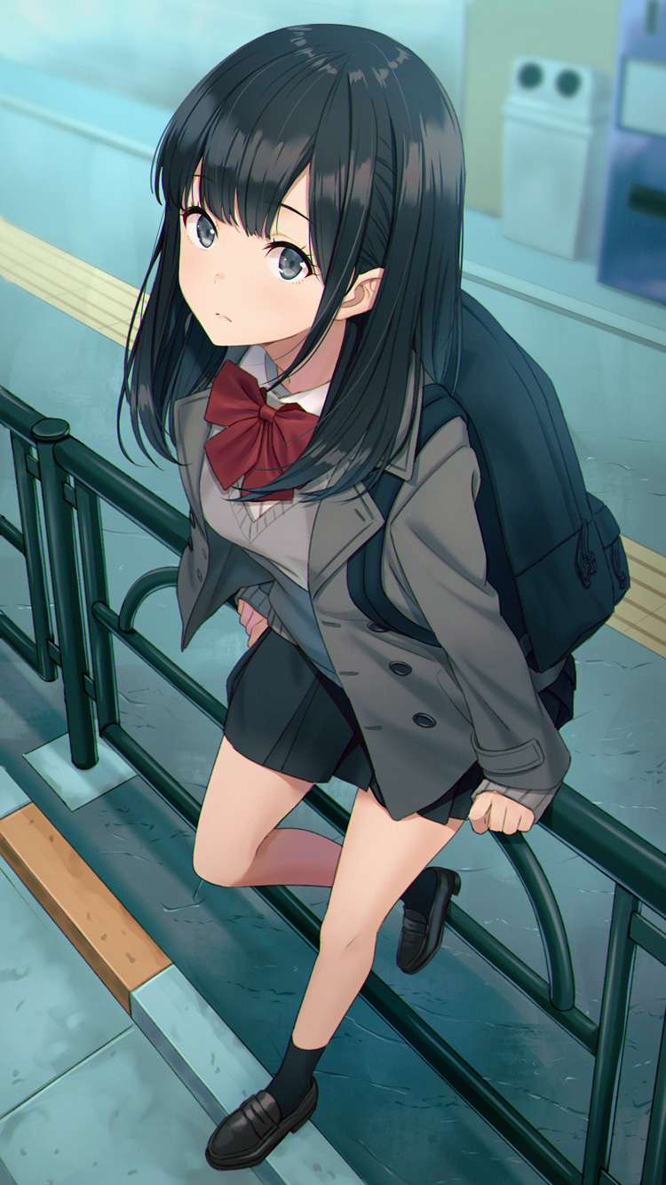 1girl backpack bag bare_legs black_eyes black_footwear black_hair black_legwear black_skirt blurry bow bowtie breasts closed_mouth coat depth_of_field expressionless from_above grey_coat highres hyuuga_azuri loafers long_hair long_sleeves looking_at_viewer miniskirt open_clothes open_coat original pleated_skirt railing school_uniform shoes skirt small_breasts socks solo sweater undershirt